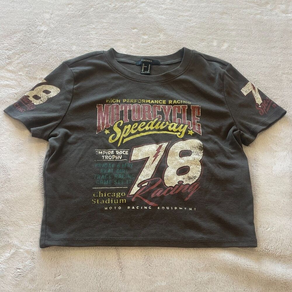 Forever 21 Motorcycle Speedway 78 Racing Cropped Baby Tee Womens M Charcoal Gray